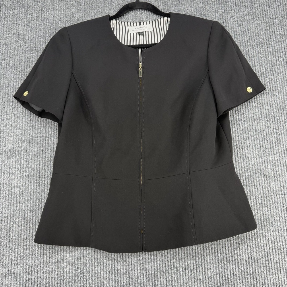Tahari Peplum Blazer Zip Black Womens 14 Workwear Minimalist Jacket Career